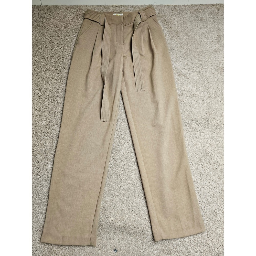 Maeve Anthropologie Tan Pleated High Rise Belted Trousers Khaki Straight Leg 0
